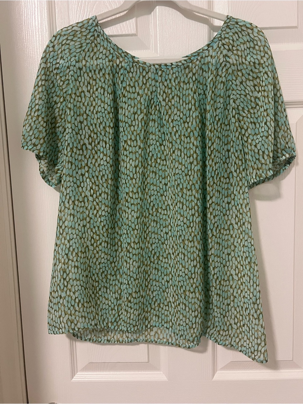CAbi Seafoam Green & Olive Dot Short Sleeve Blouse